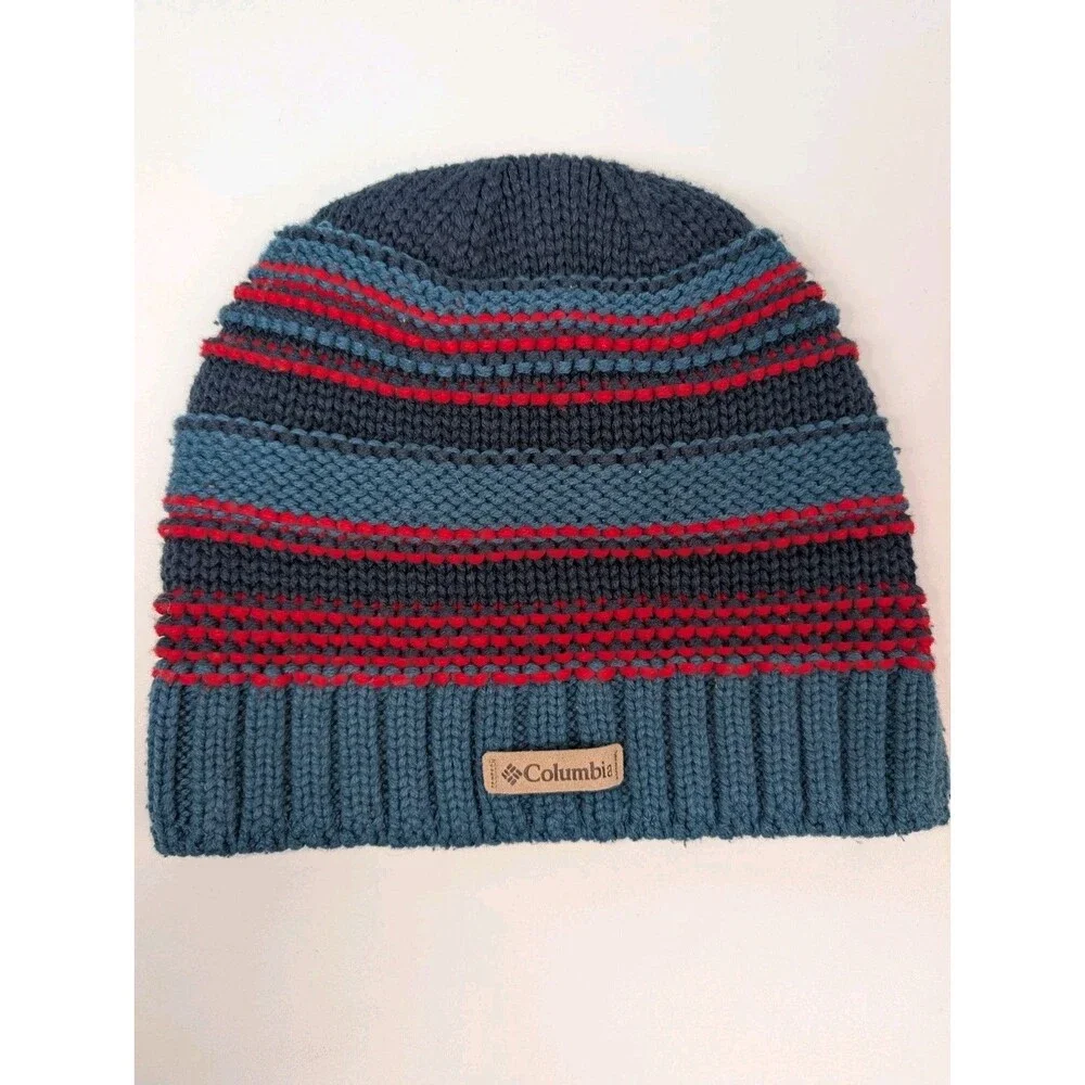 Columbia Knit Beanie Hat Blue Red Striped Fleece Lined Unisex Winter Cap